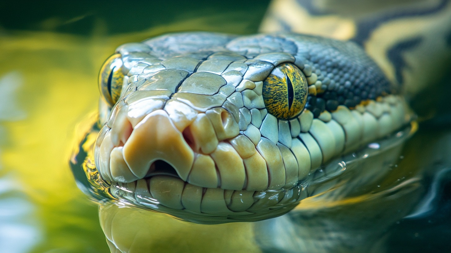 Close-up of a large snake in water, focusing on its head with intricate scales and a striking golden eye, reflecting the surrounding green environment. The snake's mouth is partially open, revealing its teeth, adding a hint of ferocity to the calm, reflective scene.