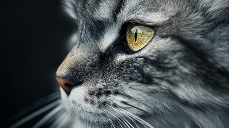 Close-up of a gray tabby cat's profile, showcasing its detailed fur pattern and a striking green eye, conveying a sense of calm intensity and focus.