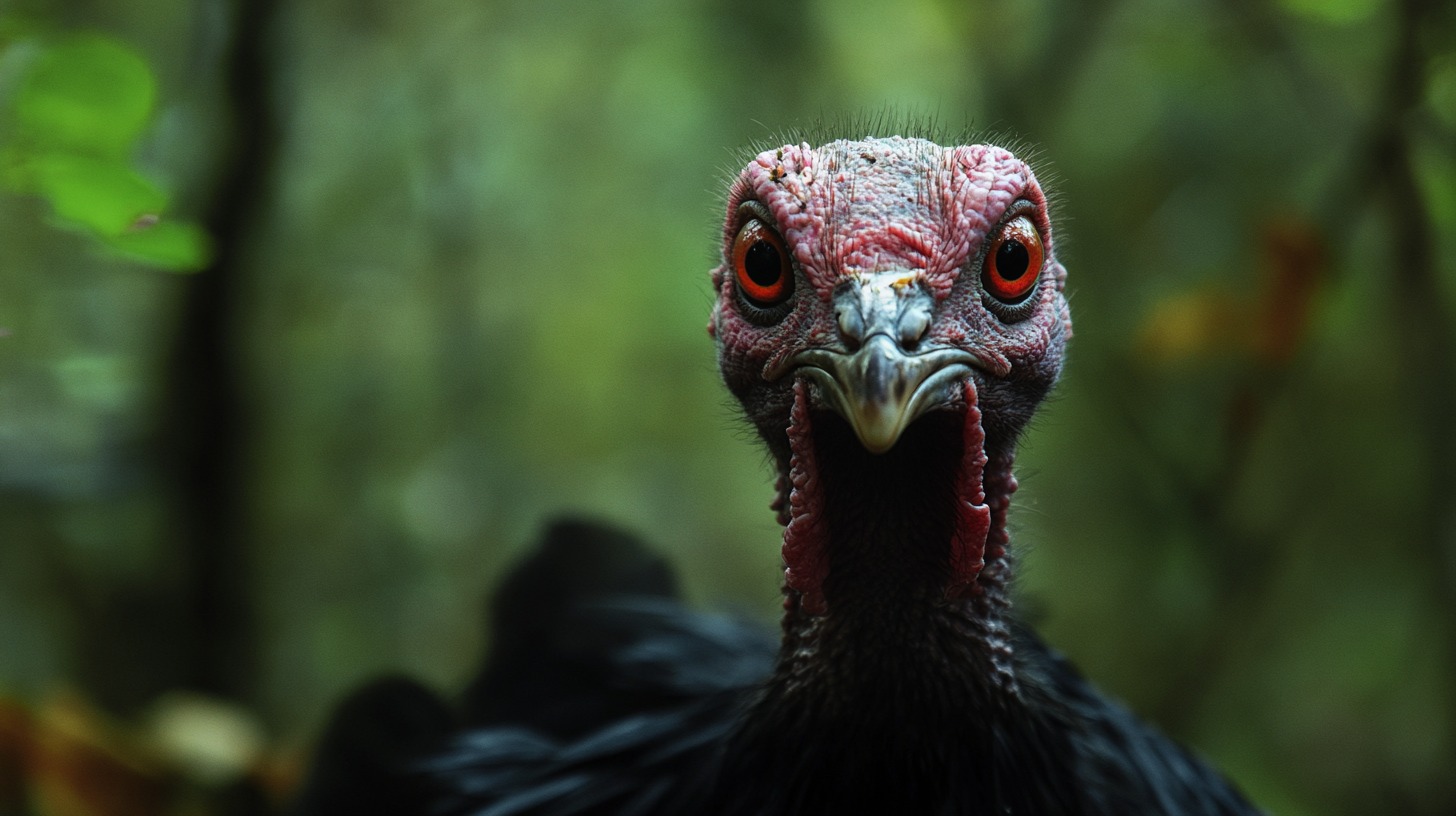 close-up of a Domestic Turkey, showcasing its distinctive red wattles and striking red eyes against a blurred green background