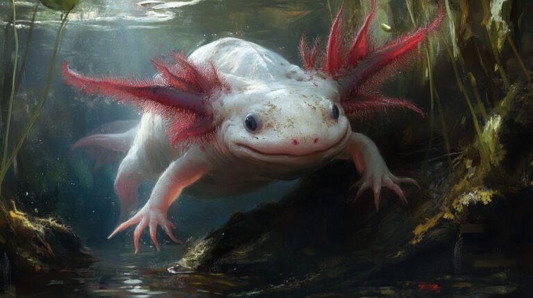 close-up of an axolotl swimming underwater, showcasing its pink body and feathery external gills, surrounded by aquatic plants and a serene underwater environment