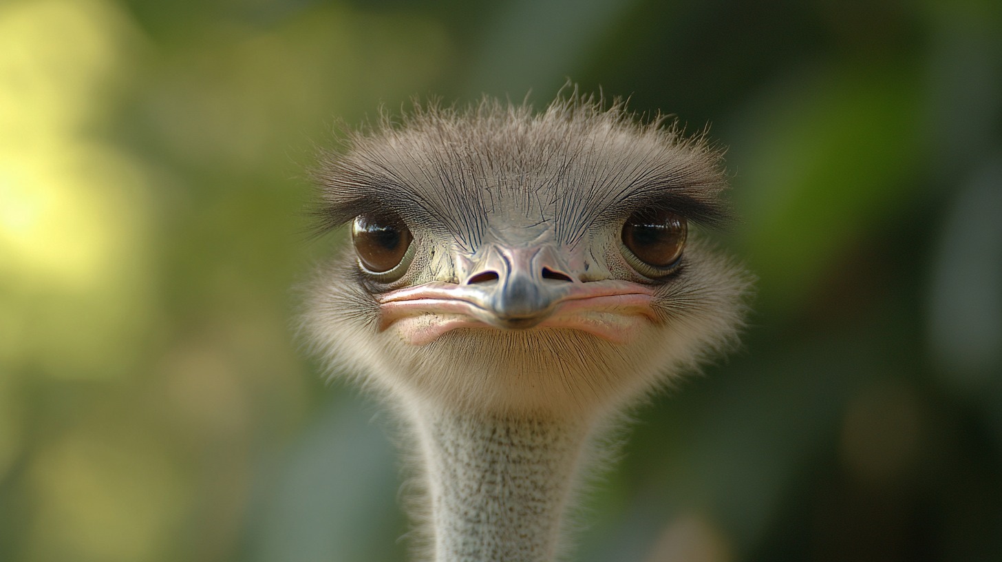 close-up of a Common Ostrich, showcasing its large, expressive eyes, long neck, and distinctive facial features, set against a blurred green background